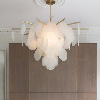 Front view of a glass disc chandelier with a brass frame and layered handcrafted elements for modern interiors