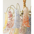  Side view of the Calyra Murano style chandelier with colorful handcrafted glass and elegant brass frame
