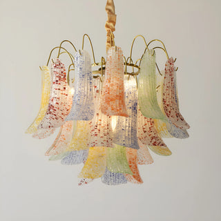 Designer multicolor Murano glass chandelier with sculptural layered glass and brass detailing