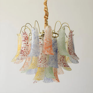 Front view of the Calyra luxury Murano chandelier with handcrafted pastel glass panels