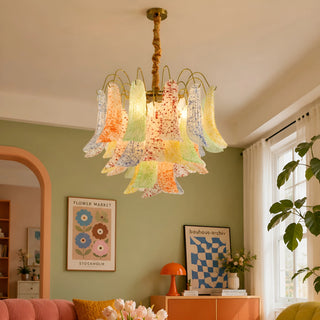 Calyra multicolor Murano glass chandelier installed in a stylish modern living room interior
