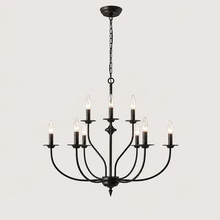Candelara black 9-light candle style tiered chandelier, lit, front view on a light background