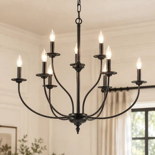 Black Candelara French country candle chandelier with nine lit E12 candle bulbs, angled view