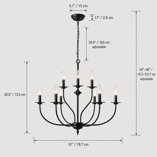 Dimensions of the Candelara 9-light chandelier: 31 in / 78.7 cm diameter, 28.8 in / 73.2 cm height, adjustable drop 30 to 68 in, canopy 5.1 in / 13 cm