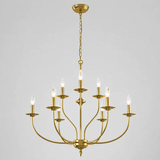 Candelara gold 9-light candle style tiered chandelier, lit, front view