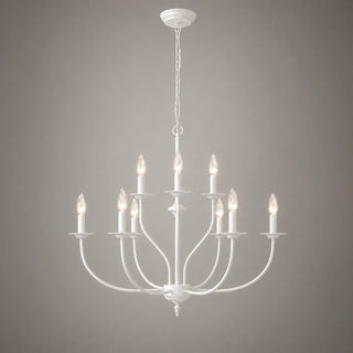Candelara white 9-light candle style tiered chandelier, lit, front view