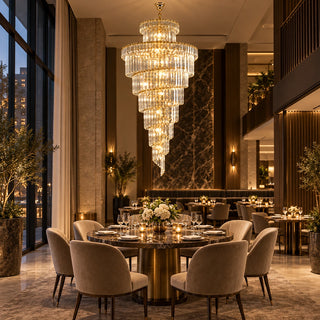 Cap d'Ail custom crystal chandelier above an elegant restaurant dining area