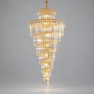 Cap d'Ail custom crystal chandelier with gold spiral tiers against a gray background