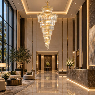 Cap d'Ail custom crystal chandelier in a luxury hotel lobby