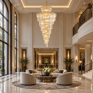 Cap d'Ail custom crystal chandelier above a luxury residence living room
