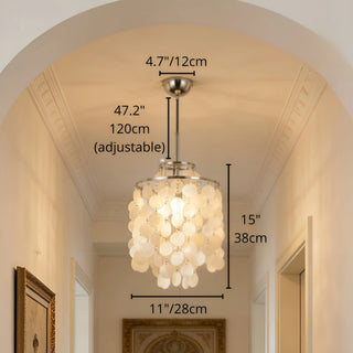 Capiz shell pendant chandelier in a hallway with dimensions: 47.2" adjustable drop, 15" height, 11" diameter, walls decorated with framed artwork