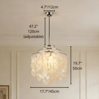Capiz shell chandelier with adjustable hanging height and 17.7 inch diameter dimensions