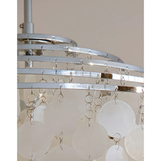 Close-up of the top frame of a capiz shell chandelier showing silver metal rings and hooks holding circular shell pieces
