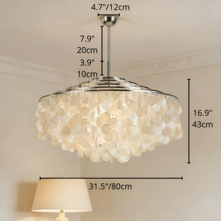 Capiz shell pendant light size guide showing 31.5in chandelier dimensions and adjustable height