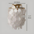 Small gold Capiz Shell Wall Sconce dimensions chart showing 12.2-inch width and 16.1-inch height for bedroom, hallway, and living room lighting