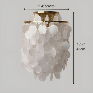 Small gold Capiz Shell Wall Sconce dimensions chart showing 12.2-inch width and 16.1-inch height for bedroom, hallway, and living room lighting