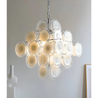 Cassia cream glass cluster chandelier in chrome finish illuminated in a modern space