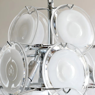 Close-up of the chrome frame and glass disk attachments on the Cassia chandelier