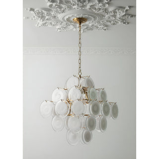 Cassia cream glass cluster chandelier in copper finish hanging from a decorative ceiling