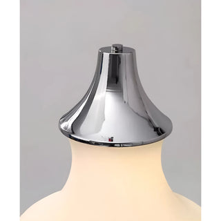 Close-up detail of the polished chrome top on the Celeste white silk floor lamp