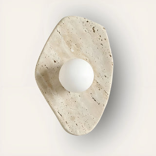Celestia Marble & Glass Wall Sconce in long beige travertine stone, front view.