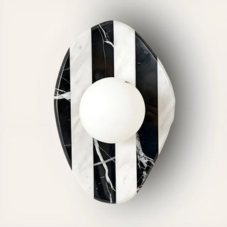 Celestia Marble & Glass Wall Sconce in long black and white striped marble, front view.