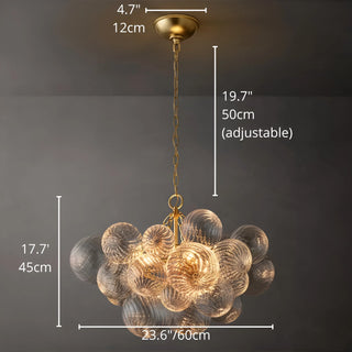 60 cm wide round glass chandelier with adjustable 50 cm chain and gold canopy, measurement view.