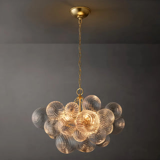 60 cm round glass globe chandelier with gold chain suspension, compact version.