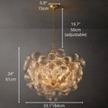 33.1 inch 84 cm round glass chandelier with adjustable 50 cm chain and gold canopy, dimensional view.
