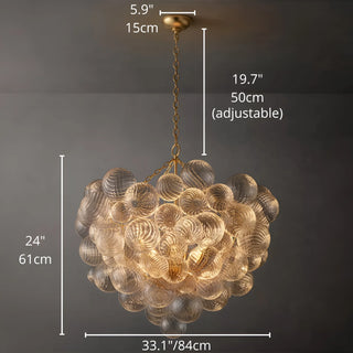 33.1 inch 84 cm round glass chandelier with adjustable 50 cm chain and gold canopy, dimensional view.