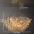 98 cm wide round glass chandelier with adjustable chain and gold ceiling mount, size diagram.