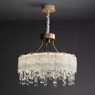 Clear crystal chandelier with layered textured glass and sparkling crystal pendants