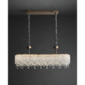 Clear K9 crystal linear chandelier with textured glass panels and hanging crystal drops