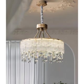 Modern clear crystal chandelier with layered glass panels and radiant crystal drops for dining room lighting