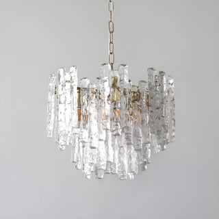 Clear Murano glass chandelier with sculptural textured glass and brushed brass frame