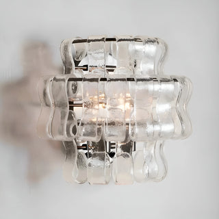 Modern clear Murano glass wall sconce featuring layered handcrafted glass panels and luxury ambient lighting