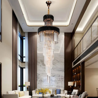 Tall art deco crystal chandelier in black and gold for an entrance hall