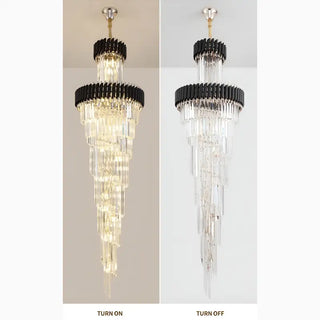 Black art deco crystal chandelier shown with lights on and off