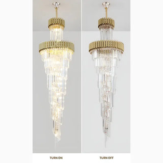 Gold art deco crystal chandelier shown with lights on and off
