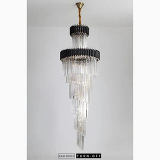 Black art deco crystal chandelier with the lights off