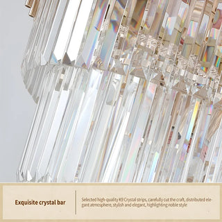 Close-up of the crystal bars on an art deco chandelier
