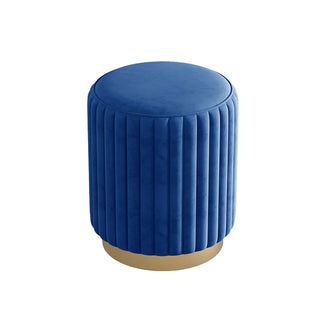 Luxurious dark blue velvet makeup stool featuring fluted texture and golden base – perfect for vanity or living room