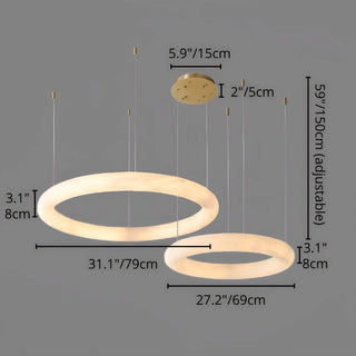 Two-tier alabaster ring chandelier with brass canopy, handcrafted natural stone rings in 31.1" 79cm and 27.2" 69cm sizes