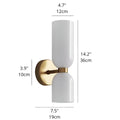 Double glossy white glass wall sconce dimensions showing 14.2 inch height and brushed brass mounting plate