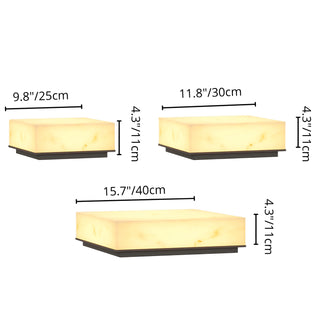 Size guide for marble-finish electric pillar lights in 25cm, 30cm, and 40cm sizes with warm LED illumination