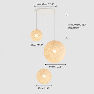 Dimensions of the round-plate Filara: 50 cm base with 30, 40 and 60 cm balls and 200 cm cord