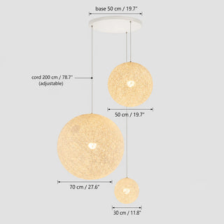 Dimensions of the round-plate Filara: 50 cm base with 30, 50 and 70 cm balls and 200 cm cord