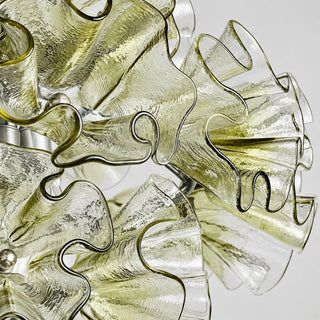 Close-up of the textured ruffled glass petals and chrome fittings on the Fiorvella chandelier