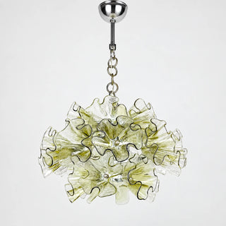 Fiorvella ruffled glass flower chandelier with a chrome frame and pale green glass petals