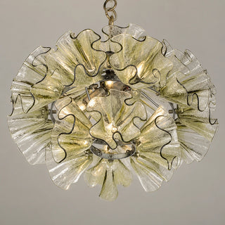 View from below of the Fiorvella chandelier showing layered glass petals and light sources